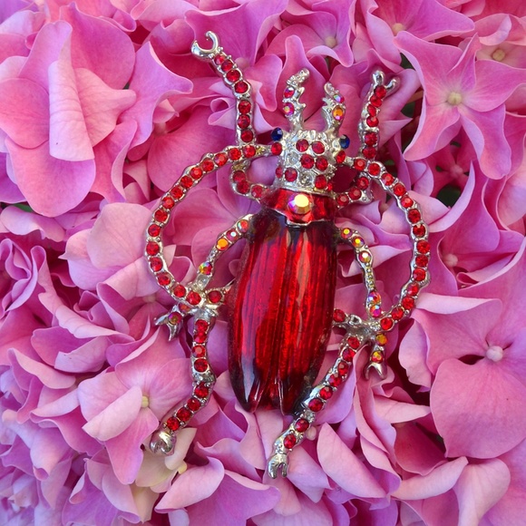 Alilang Enamel Handpainted Ruby Red Bejeweled Beetle Bug Insect Brooch Pin - Picture 7 of 8